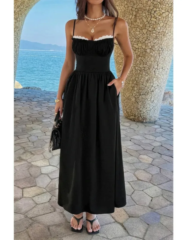 Contrast Color Lace Spaghetti Strap Long Dress