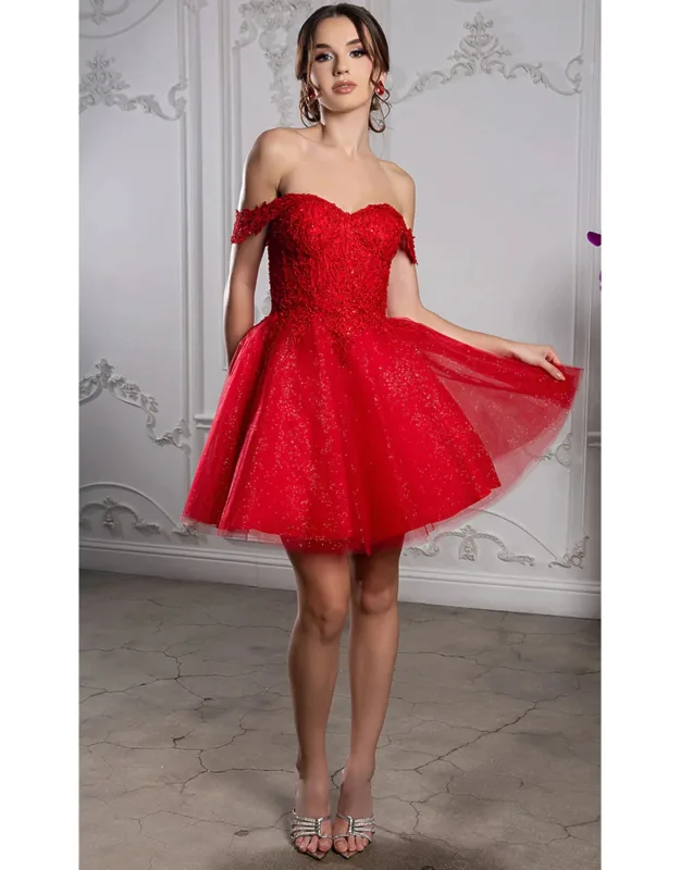 Off Shoulder Beaded Lace Appliqué Cocktail Dress Glitter Tulle A-line Dress