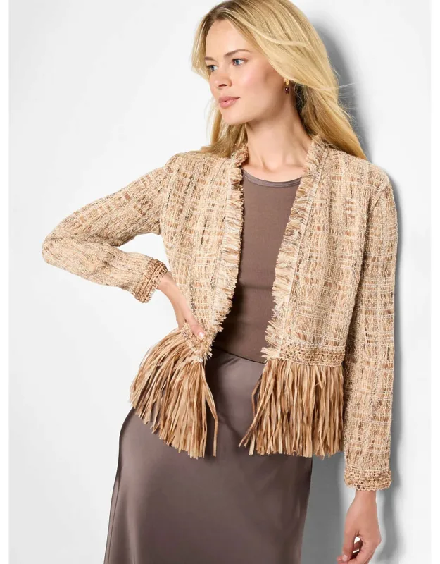 Isadora Iconic Cork Fringe Knit Jacket In Neutral Multi