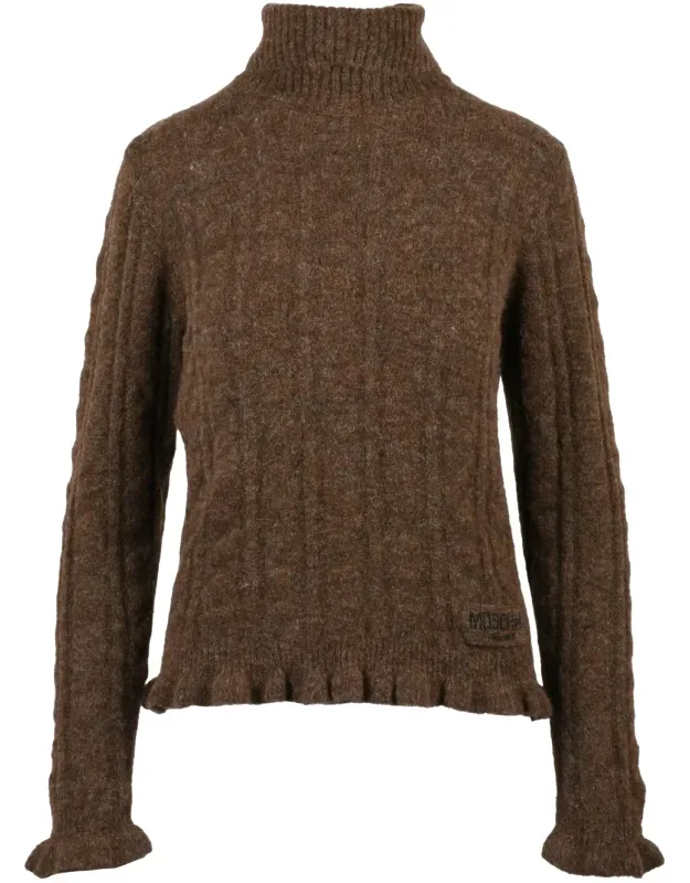 High Neck Knit Sweater With Textured Cable Knit And Ruffled Detail