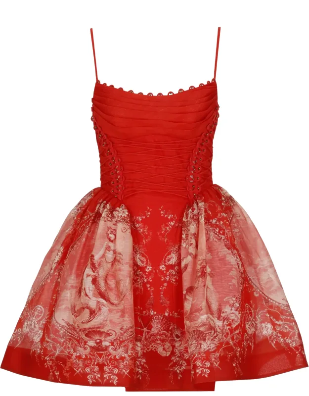 Beaded Picnic Dress With Floral Pattern And Lace-up Detail