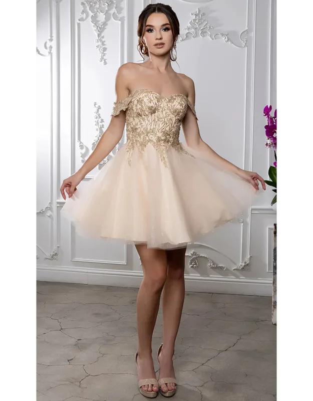 Off Shoulder Beaded Lace Appliqué Cocktail Dress Glitter Tulle A-line Dress