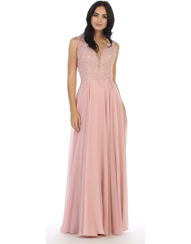 Lace Bodice Chiffon A-line Formal Evening Dress With V-neck And Open Back