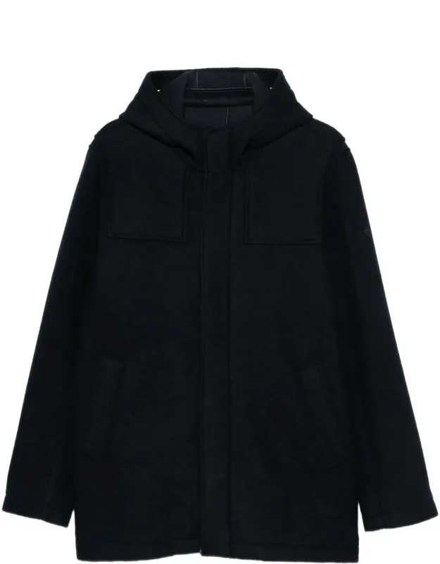 Short-length Wool Coat With Hood And Functional Pockets