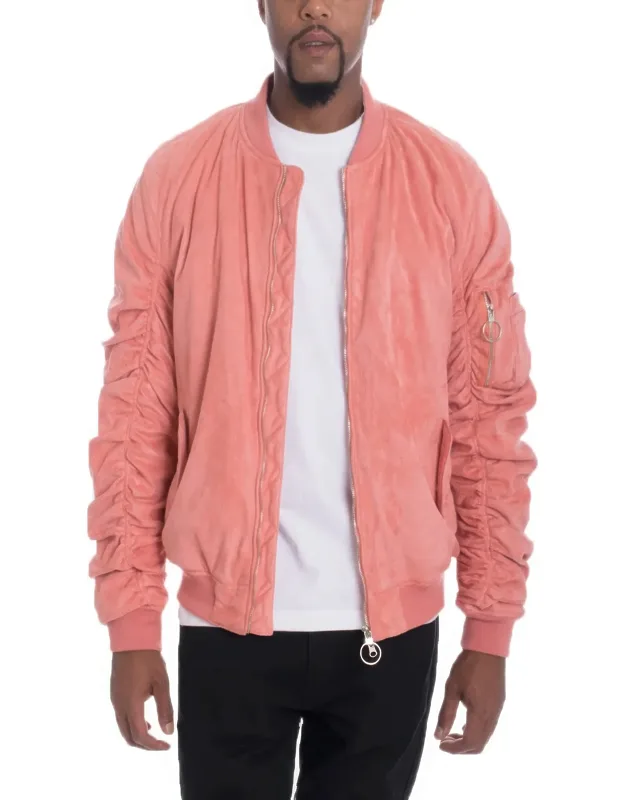 Mirosuede Scrunched Bomber Jacket With Utility Zippered Sleeve Pouch