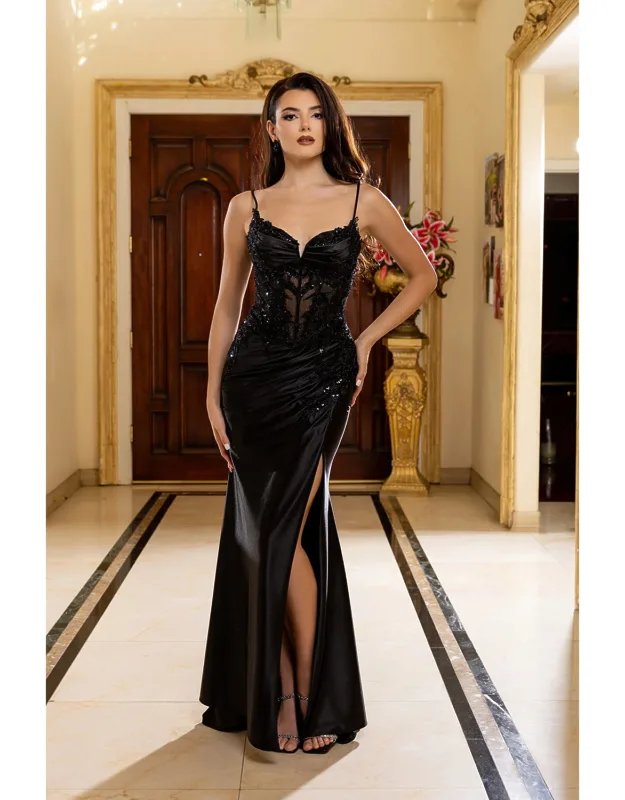 Satin Corset Evening Dress With Slit And Lace-up Back