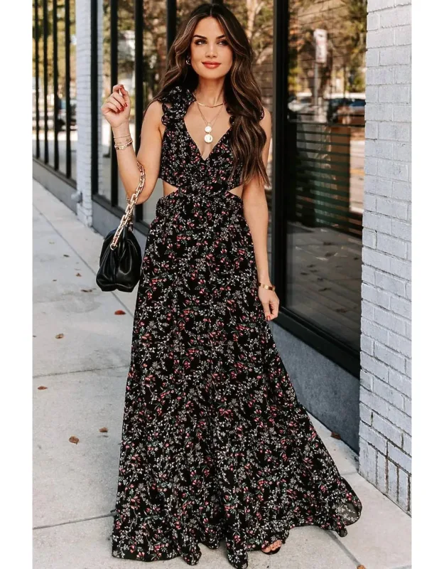 Floral Cutout Ruffle Strap Maxi Dress