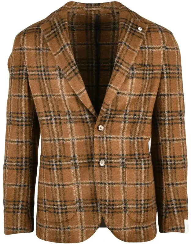 Round Cut Jacket With Button Closure And Plaid Design