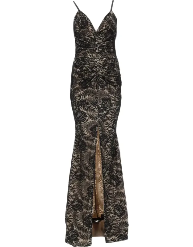 Intricate Lace Overlay Evening Dress With Ruched Bust