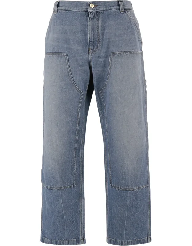 Washed Denim Jeans With Multi-pocket Design
