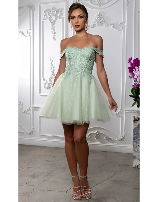 Off Shoulder Beaded Lace Appliqué Cocktail Dress Glitter Tulle A-line Dress