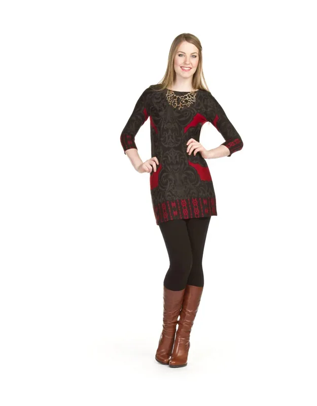 Damask Print 3/4 Sleeve Sweater Dress