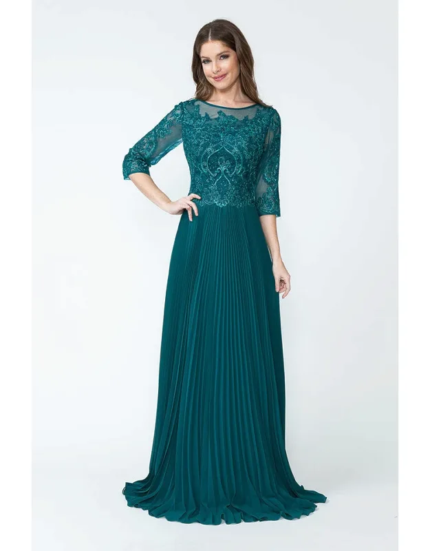 Pleated A-line Dress With Lace Bodice & 3/4 Sleeves
