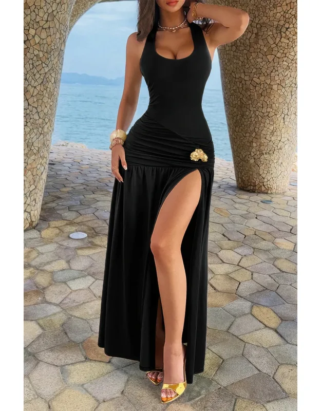 Halter Pleated High Split Backless Maxi Dress