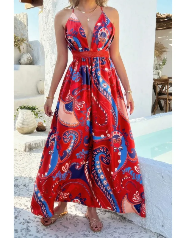 Halter Cross Back High Waist Deep V Neck Dress