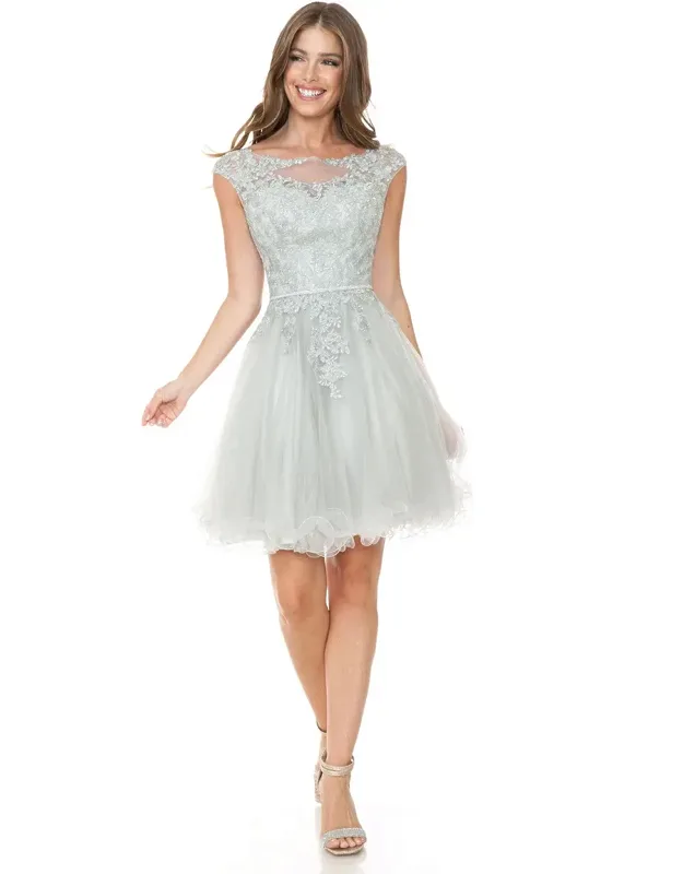 Lace Applique Cap Sleeve Short Tulle Party Dress With Rhinestone Belt