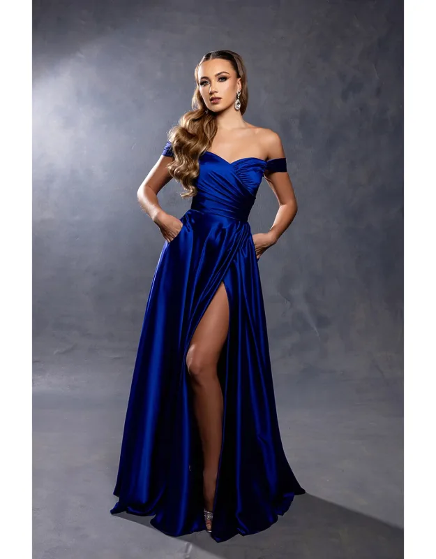 Off Shoulder Satin Dress With High Slit Pockets & Corset Lace-up Back