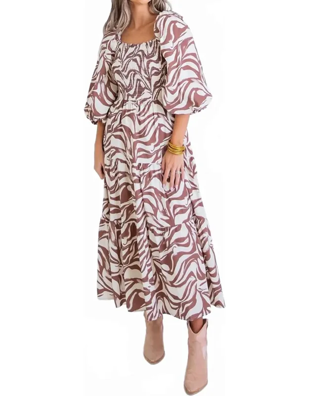 Zebra Poplin Puff Sleeve Smock Maxi Dress