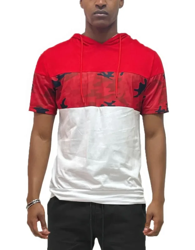 Camo And Solid Design Block Hooded Shirt