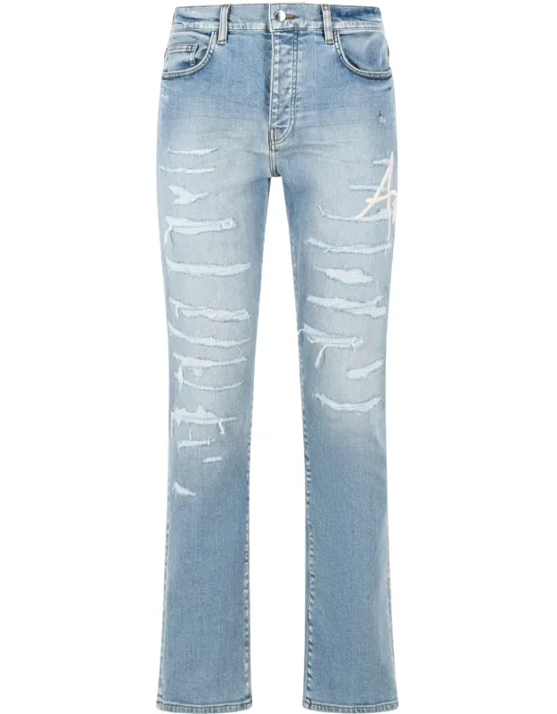 Slim Light Blue Cotton Jeans With Distressed Effect And Decorative Pleats