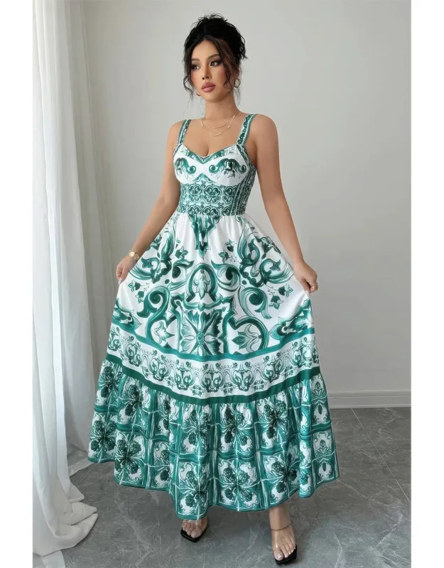 Sleeveless A-line Suspender Printed Long Dress