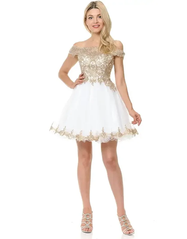 Off-shoulder Embroidered Bodice Tulle Dress With Scalloped Neckline For Special Events