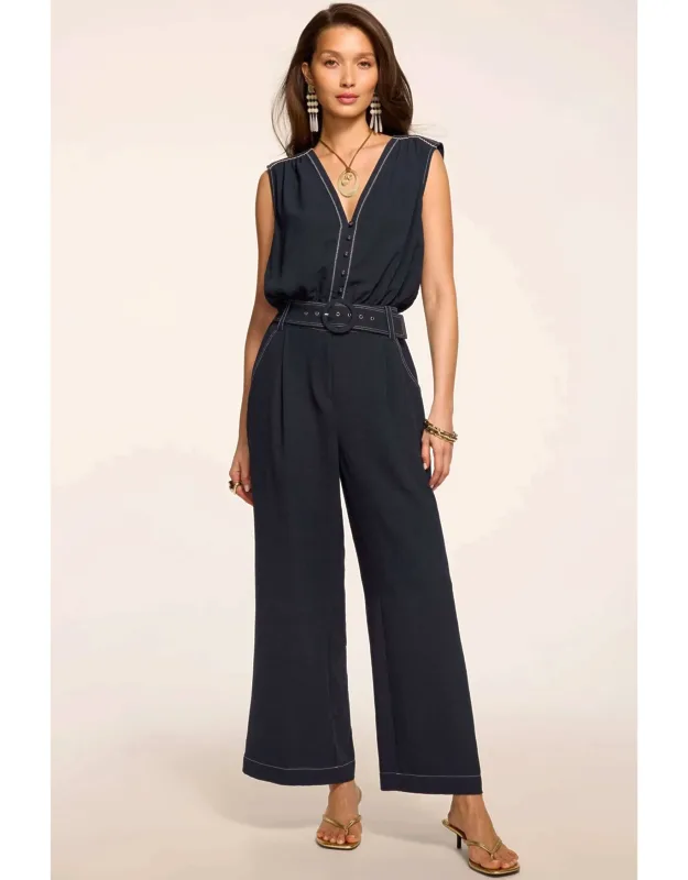 Astrid V-neck Belted Sleeveless Textured Jumpsuit