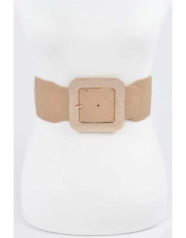 Rhinestone Buckle Embossed Elastic Belt