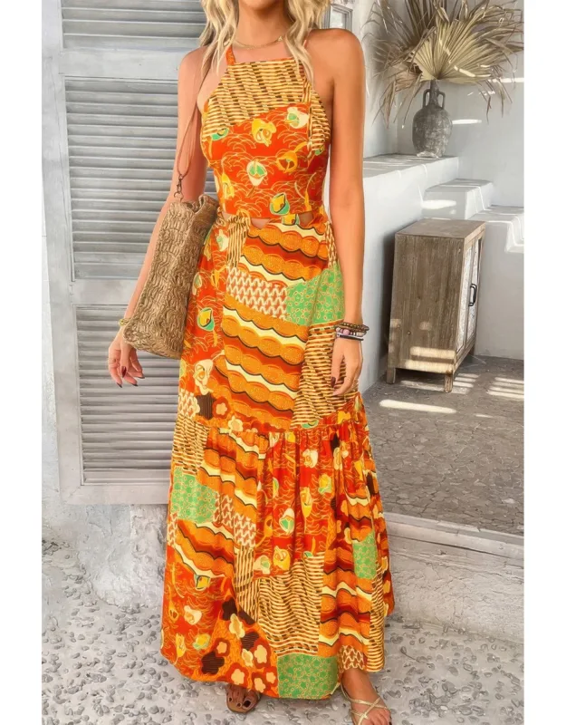 Allover Print Sleeveless Cross Back Cut Out Dress