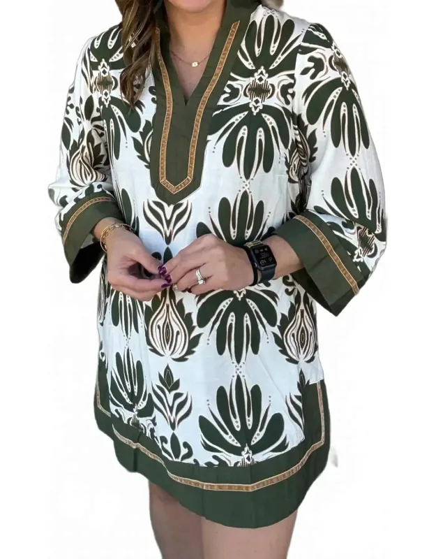 Baroque Floral Tunic Top With Trim