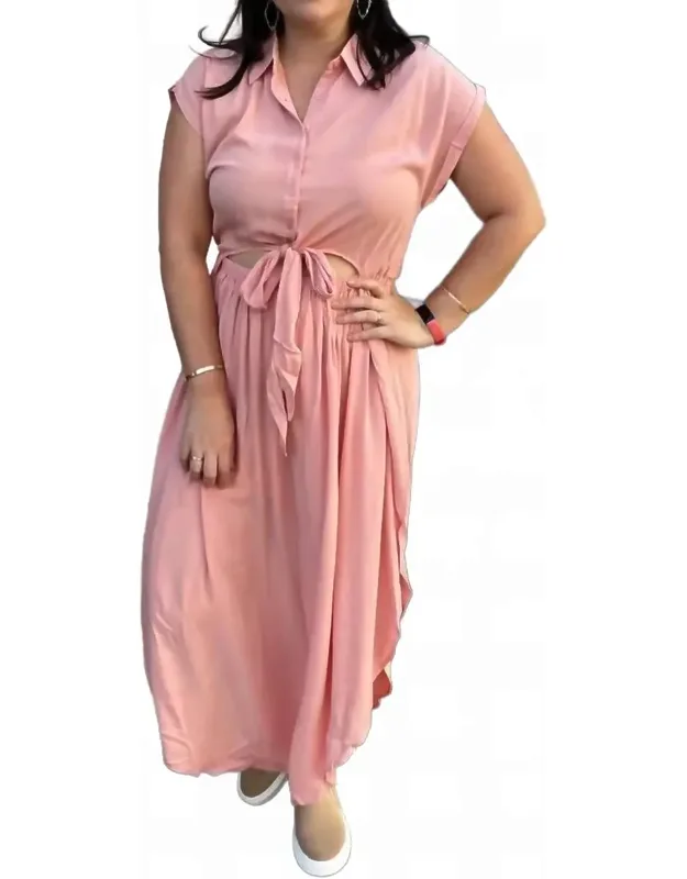 Button Up Tie Front Detailing Midi Dress