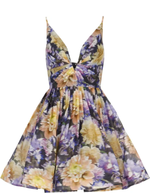 Pleated Mini Dress With V Neckline And Floral Pattern