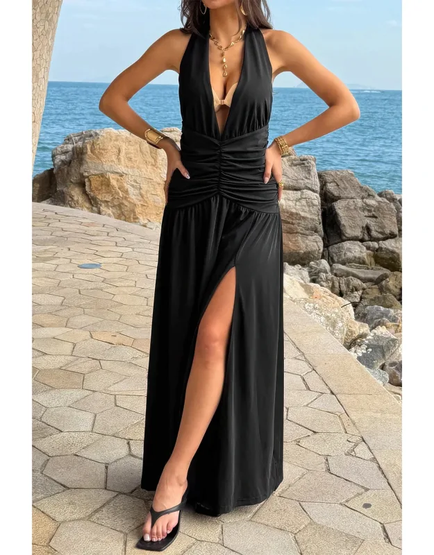 Halter Deep V Neck High Slit Ruched Maxi Dress