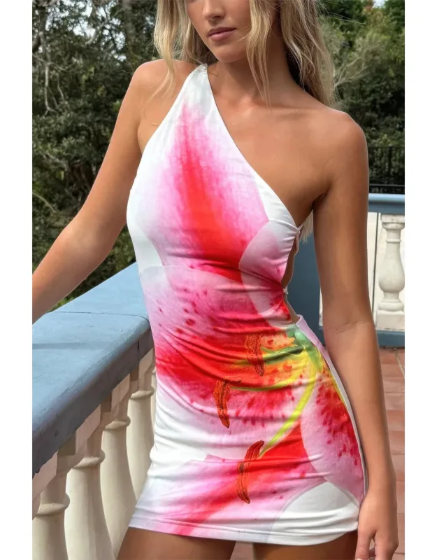 Floral Print One Shoulder Bodycon Mini Dress
