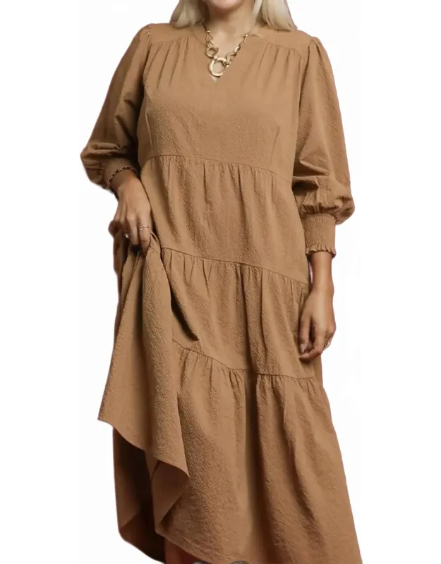 Split Neck Tiered Midi Dress