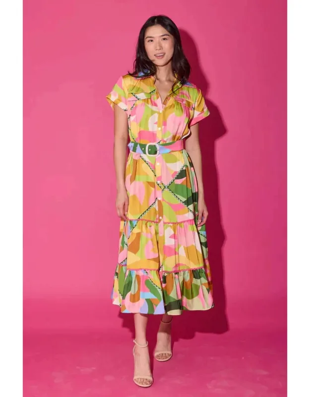 Rachel Dress In Multi With Adjustable Belt And Tiered Skirt