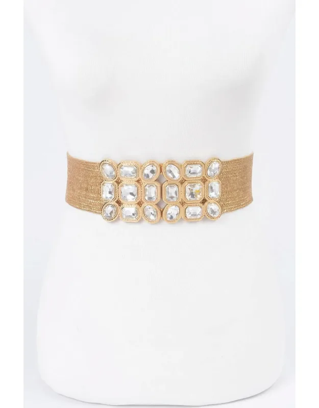 Multi Stone Metallic Straw Stretch Belt With Rhinestone Embellishments And Elastic Comfort