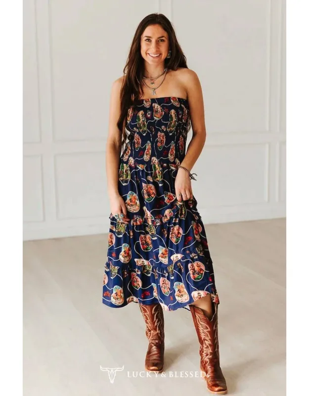 Retro Rodeo Print Smocked Strapless Western Midi Dress