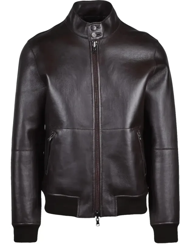 Leather Jacket With Wool-lined Interior And Zip Closure