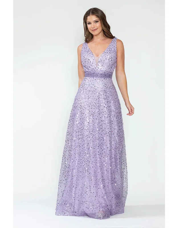 Sequin A-line Evening Gown With Deep V-neck And Glitter Beaded Waist