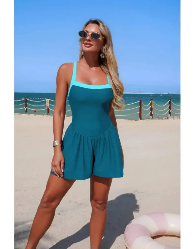 One-piece Solid Elastic Sleeveless Skirt Swimsuit