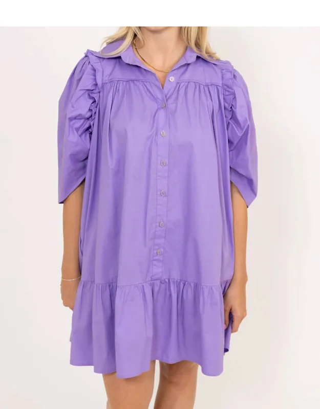 Solid Button Puff Sleeve Ruffle Dress