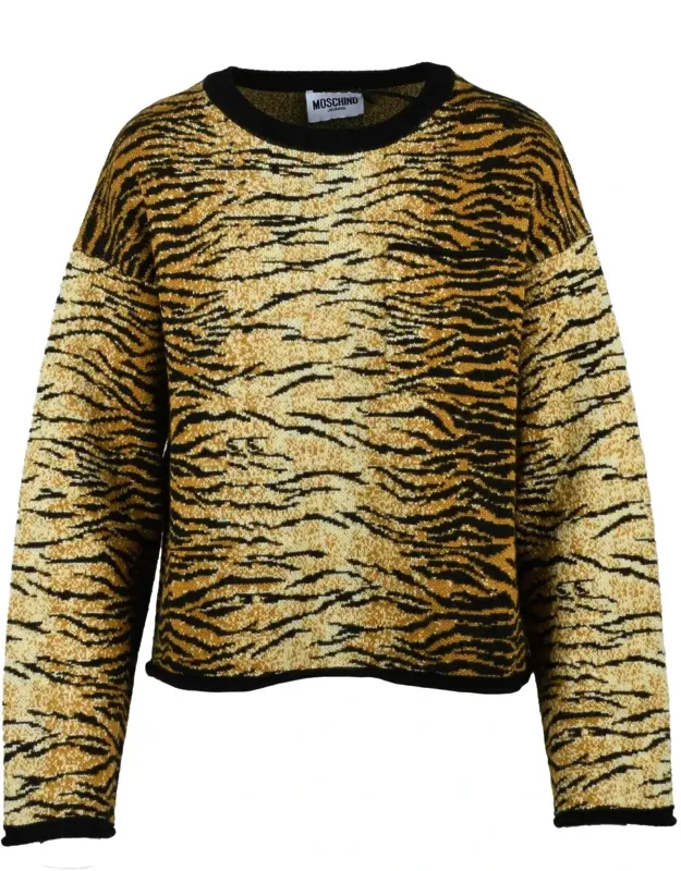 Crewneck Knit Sweater With Bold Tiger Stripe Design