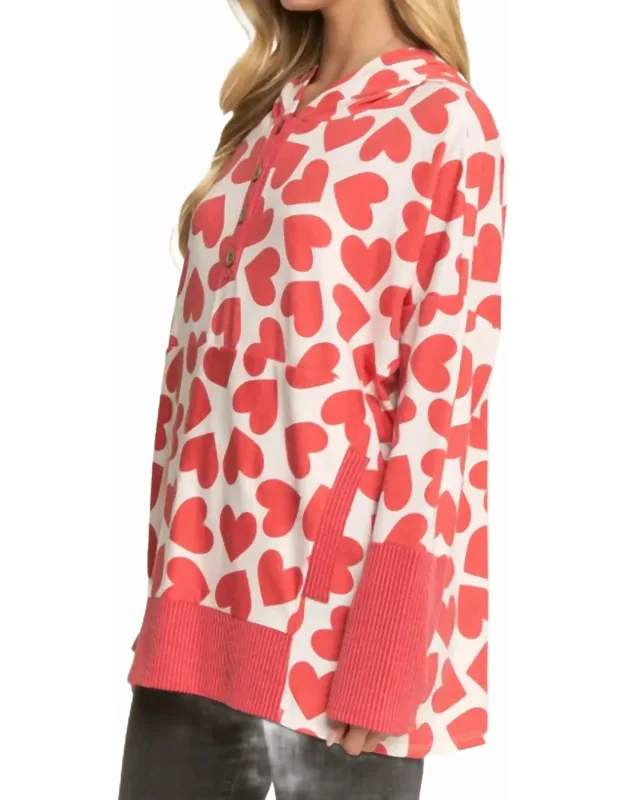 Heart Print Button-front Hoodie
