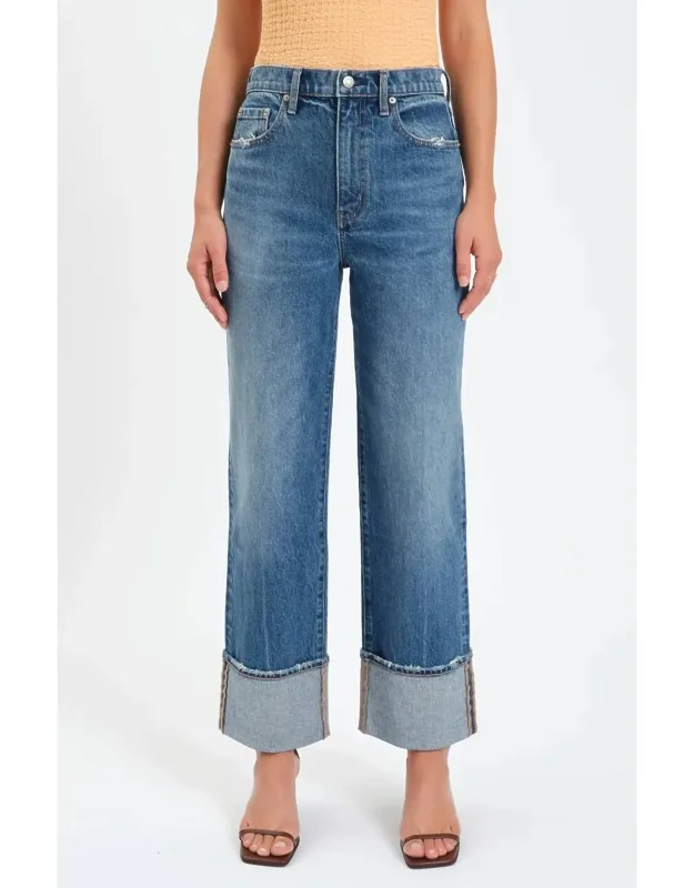 High Waist Cuff Crop Straight Leg Jeans