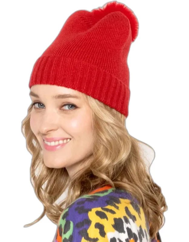 Knit Beanie Hat With Faux Fur Pom