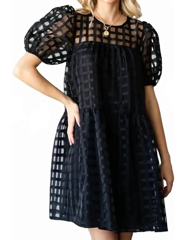 Plaid Organza Puff Sleeve Tiered Dress