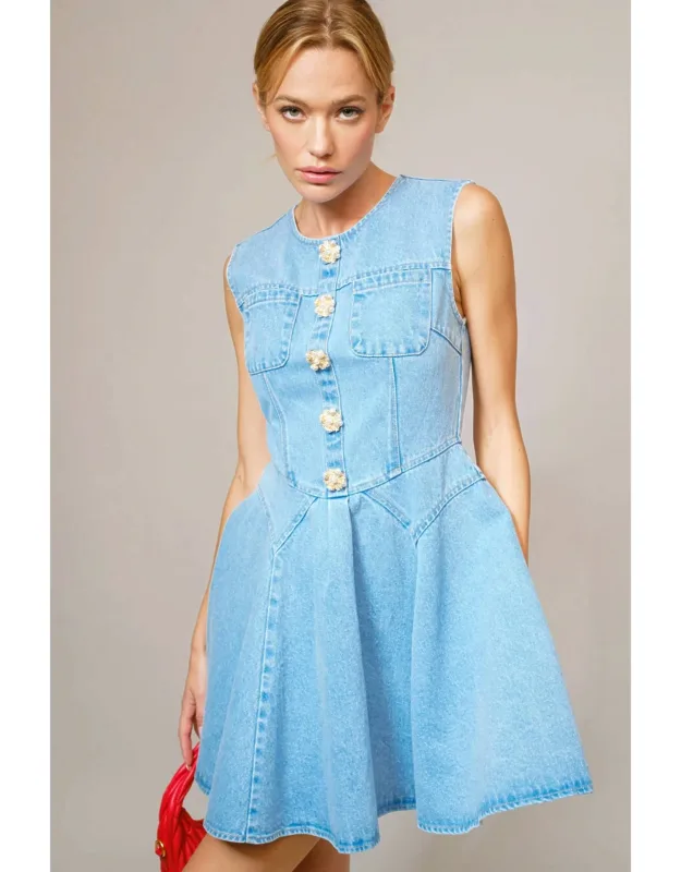 Jeweled Button Mini Denim Dress