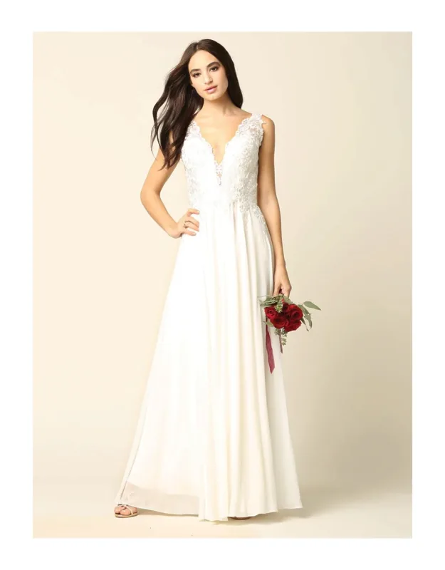 Lace Bodice Chiffon A-line Formal Evening Dress With V-neck And Open Back