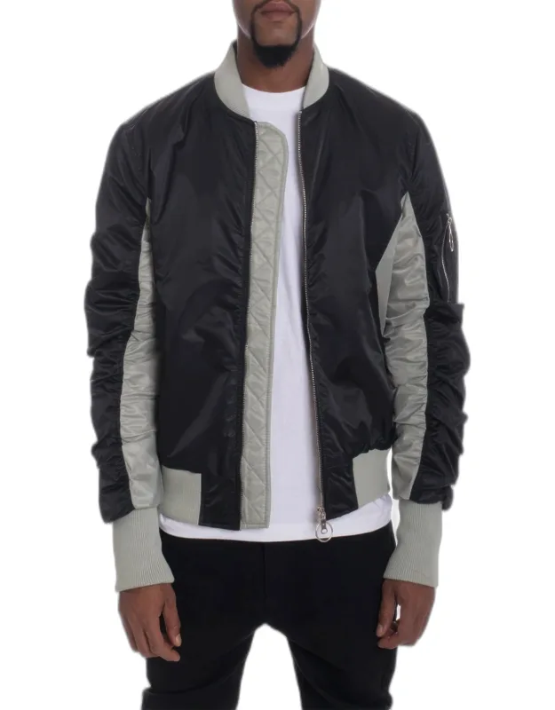 Two Tone Color Block Bomber Jacket With Tactical Zippered Pocket Pouch
